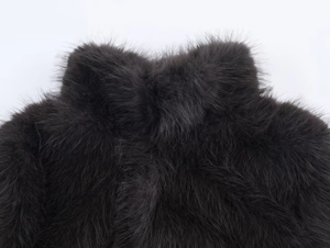 Close-up of the fluffy dark grey faux fur texture on the collar of a cropped coat