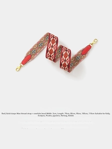 5cm wide red jacquard woven shoulder strap with leather ends and golden metal clips