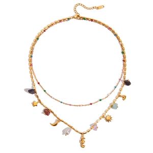 18K gold stainless steel layered necklace with sea charms, pearls and colorful stones