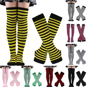 Halloween over-knee socks and arm sleeve set with various colorful striped patterns