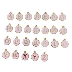 Set of 26 round pink enamel letter pendants A-Z with gold plated alloy metal borders