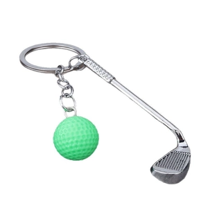Silver golf club keychain with green mini golf ball pendant on a white background