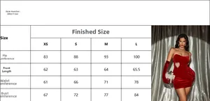Size chart for strapless red velvet dress with heart rhinestones and gloves