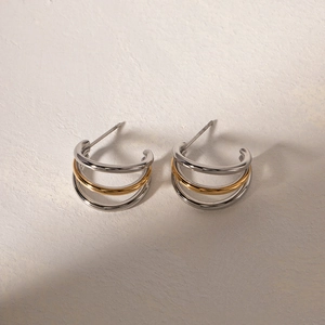Boucles d'oreilles circulaires à trois couches en acier inoxydable or et argent