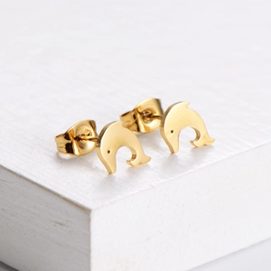 Polished gold dolphin stud earrings made of stainless steel for women in minimalist style