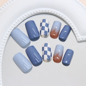 Blue checkerboard and brown smudge press-on nails in square round shape, 24 piece set