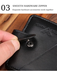 Macro detail of men's black grain leather wallet featuring a durable metal snap button