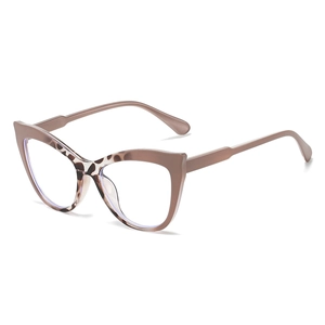 Cat-eye blue light blocking glasses in nude pink with leopard print accent