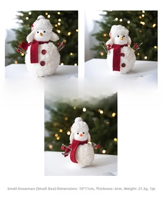 Vue détaillée de bonhommes de neige en peluche en trois tailles avec écharpes rouges