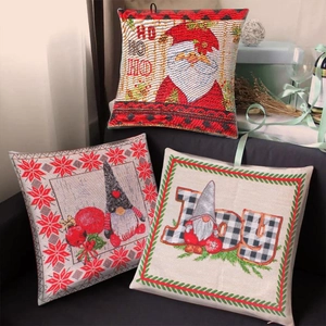 Christmas Santa gnome linen pillow covers with red and beige holiday embroidery patterns