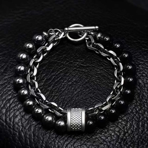 Men's map stone beaded bracelet with silver metal chain and OT clasp on black leather