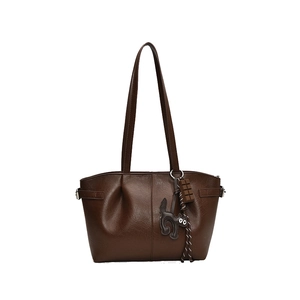 Retro brown pleated tote bag with large capacity and cute cat charm for women