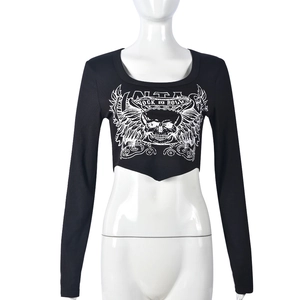 Detail of black cropped long sleeve t-shirt with ribbed texture and Rock Roll graphic