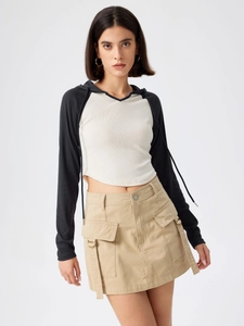 Slim fit hooded long sleeve t-shirt with contrast patchwork and khaki cargo skirt