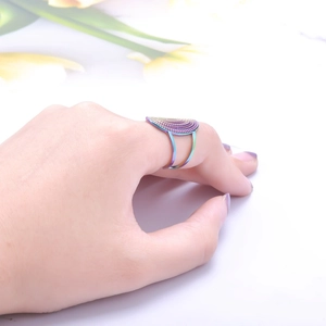 Close-up of rainbow gradient multi-layer curved stainless steel ring on model's finger