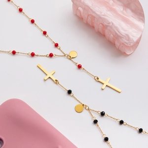 18K gold plated stainless steel necklaces with black and red beads and cross pendants
