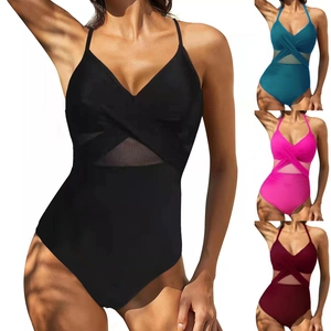 Women One-Piece Swimsuit Nylon Mesh Patchwork Criss-Cross Backless Halter Neck Sexy Solid Color Monokini Swimwear
