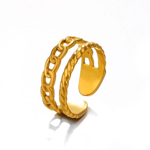 Adjustable 18K gold plated double layer chain ring with twist texture on white background