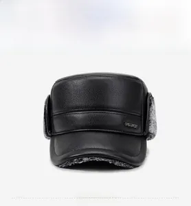 Detail of winter flat leather hat showing inner warm faux fur lining and ear protection