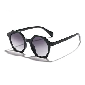 Retro black polygonal frame sunglasses with gradient lenses and silver metal accents