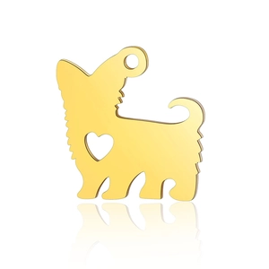 Detailed view of a golden stainless steel puppy pendant with a heart cutout design