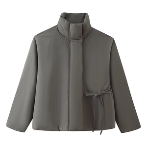 Women's dark gray loose jacket with stand collar and decorative bow tie on plain white background