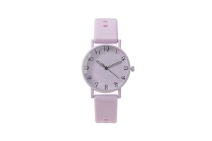 Close-up of lavender women's quartz watch with soft silicone strap and artistic dial