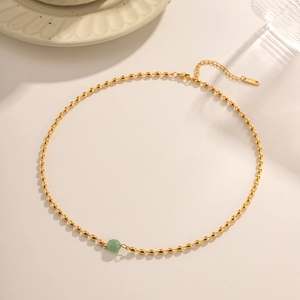 French style 18K gold plated stainless steel necklace with green natural stone bead