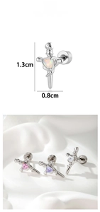 Detail of heart-shaped opal stone sword ear stud in surgical steel with dimensions