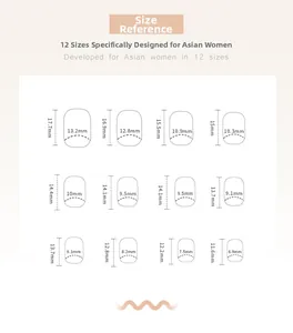 Detailed size chart for press-on nails showing 12 precise dimensions for a perfect fit