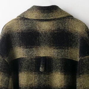 Olive green and black plaid wool blend coat with fuzzy mohair texture back detail