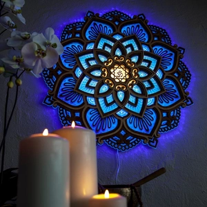 Mandala wooden night light with blue LED backlight and Om symbol for yoga room