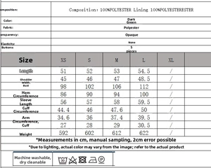 Size chart showing dark green wool jacket dimensions and polyester material composition
