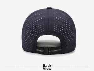 Back view of navy blue quick-dry baseball cap with laser-cut vents and adjustable buckle