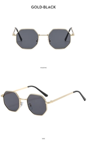 Detailed front and side macro view of gold metal polygonal sunglasses with black lenses
