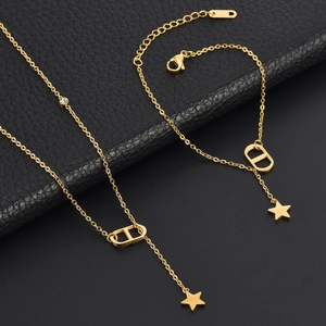 Polished gold stainless steel necklace and bracelet set with star and oval pendants