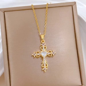 Elegant gold titanium steel cross necklace with hollow heart zircon and crystals