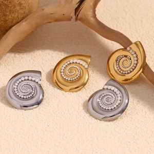 Conch Snail Shell Spiral Stud Earrings With Imitation Artificial Pearl Stainless Steel 18K Gold Plated Ocean Style For Women
