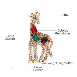 Fashionable giraffe brooch with colorful crystals and white rhinestones on gold alloy base