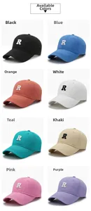 Detailed grid view of cotton baseball caps with 3D R-letter embroidery in eight colors