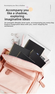 Detail of minimalist spiral notebooks with gold patterns inside a pink canvas backpack