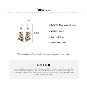Detailed view of square crystal earrings with dimensions 6.2cm x 2cm and alloy material
