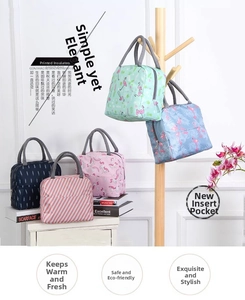 Detail of insulated lunch bags with unicorn prints and convenient front pocket design