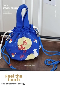 Detail of blue knitted bucket bag with embroidered moon and rabbit Mid-Autumn patterns