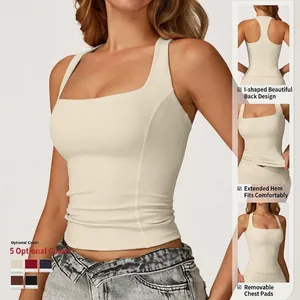 Canotta yoga da donna bianco crema con scollo a quadrato, retro a vogatore e imbottitura
