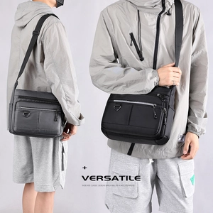 Large capacity men's messenger bag with multiple zippers and durable nylon fabric