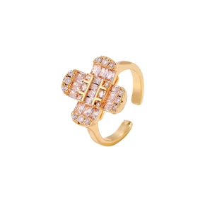 Gold cross adjustable ring with rectangular and round cubic zirconia on white background