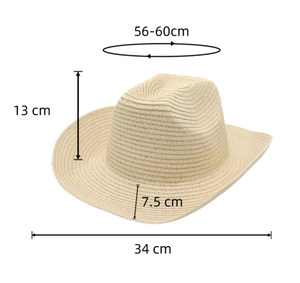 Detailed size chart for beige woven straw cowboy hat showing 56-60cm circumference