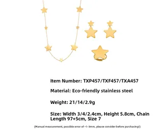 Detailed specs of gold star jewelry set made of durable eco-friendly stainless steel