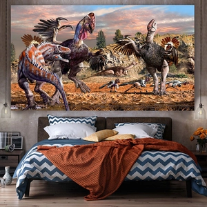 Tapisserie murale dinosaures détaillée montrant une scène sauvage dans une chambre moderne